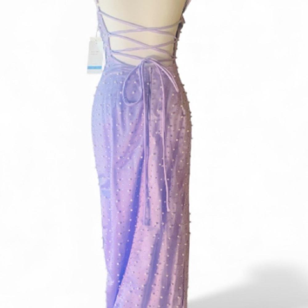 Violet size5/6 Strappy One Shoulder Pearl Rhinestone Embellished Gown Lilac NWT - Picture 10 of 12
